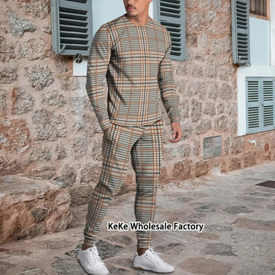 Jogger de toamnă Seturi pentru bărbați Costum sport cu imprimeu în carouri 3D Trening de marcă Bărbați Tricouri cu mâneci lungi + Pantaloni Ținute două piese Îmbrăcăminte