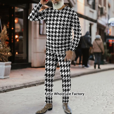 Jogger de toamnă Seturi pentru bărbați Costum sport cu imprimeu în carouri 3D Trening de marcă Bărbați Tricouri cu mâneci lungi + Pantaloni Ținute două piese Îmbrăcăminte