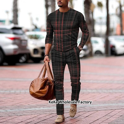 Jogger de toamnă Seturi pentru bărbați Costum sport cu imprimeu în carouri 3D Trening de marcă Bărbați Tricouri cu mâneci lungi + Pantaloni Ținute două piese Îmbrăcăminte