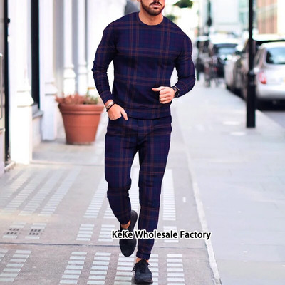 Jogger de toamnă Seturi pentru bărbați Costum sport cu imprimeu în carouri 3D Trening de marcă Bărbați Tricouri cu mâneci lungi + Pantaloni Ținute două piese Îmbrăcăminte