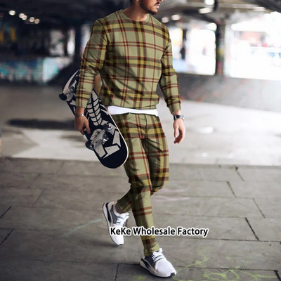 Jogger de toamnă Seturi pentru bărbați Costum sport cu imprimeu în carouri 3D Trening de marcă Bărbați Tricouri cu mâneci lungi + Pantaloni Ținute două piese Îmbrăcăminte