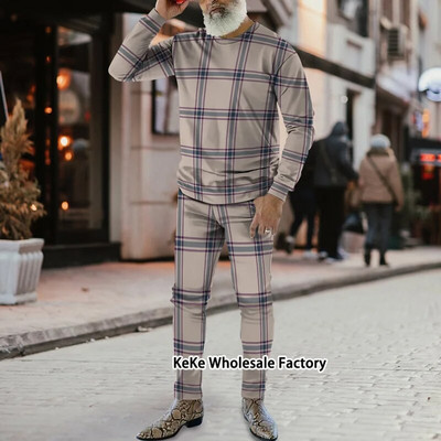 Jogger de toamnă Seturi pentru bărbați Costum sport cu imprimeu în carouri 3D Trening de marcă Bărbați Tricouri cu mâneci lungi + Pantaloni Ținute două piese Îmbrăcăminte