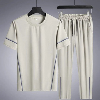 2 ΤΕΜ/Σετ Καλοκαιρινό Νέο Ανδρικό Casual Αθλητικό Στολή με κοντό μανίκι ανδρικές γραμμές με ραφή Μπλουζάκι για τζόκινγκ Σετ παντελόνι δρόμου