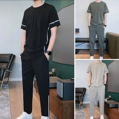 2Pcs/Set Summer New Men`s Casual Sports Outfit O-Neck Short Sleeve Men Lines Stitching T-shirt Jogging Trousers Set Streetwear