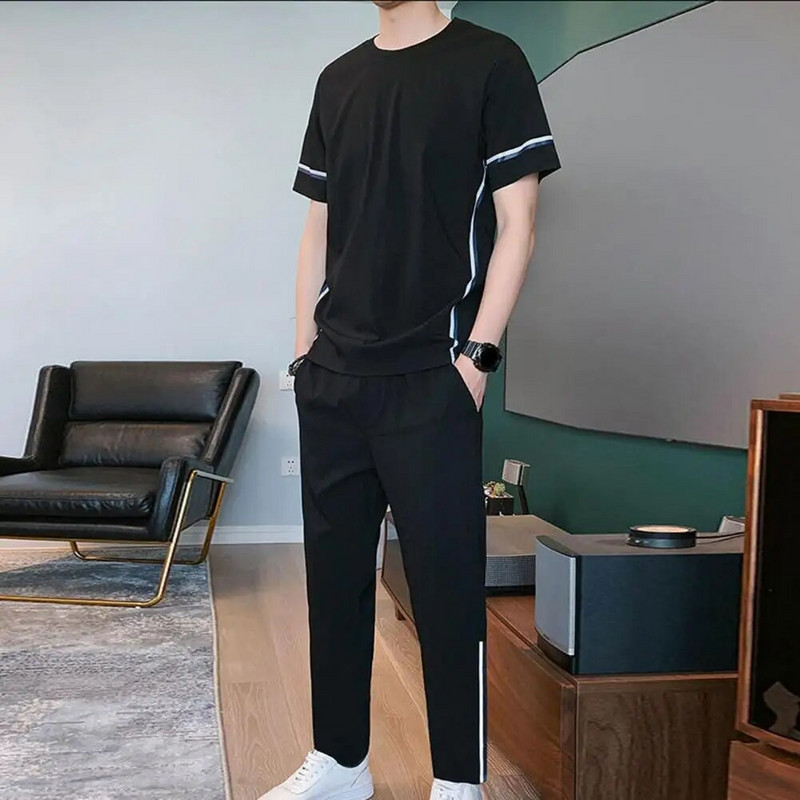 2 vnt./komplektas Vasarinė Nauja vyriška laisvalaikio sportinė apranga O formos iškirpte trumpomis rankovėmis vyriškos linijos, susiuvamos marškinėliai, bėgiojimo kelnės, rinkinys Gatvės apranga