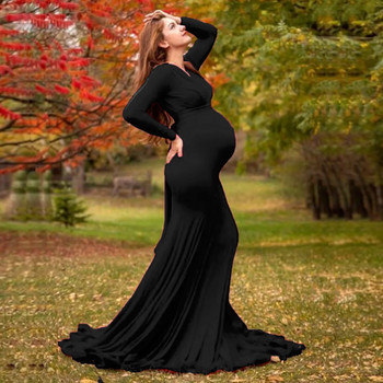 Φορέματα εγκυμοσύνης με μακριά ουρά Photography Props Maxi gown V-neck Βαμβακερό φόρεμα έγκυες γυναίκες Φθινοπωρινή φωτογράφιση για εγκυμοσύνη Ρούχα