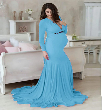 Φορέματα εγκυμοσύνης με μακριά ουρά Photography Props Maxi gown V-neck Βαμβακερό φόρεμα έγκυες γυναίκες Φθινοπωρινή φωτογράφιση για εγκυμοσύνη Ρούχα