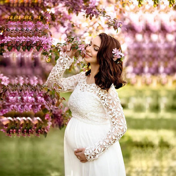 Φορέματα εγκυμοσύνης με δαντέλα Hollow Out για φωτογράφηση Έγκυος Κομψή ρόμπα Baby Shower Φόρεμα εγκυμοσύνης με μακρυμάνικο