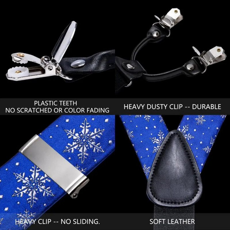 Bretele pentru bărbați din mătase de Crăciun, albastră, zăpadă, reglabilă, 6 agrafe, spate, bretele de Crăciun, papion, batiste, butoni, set Moș Barry.Wang