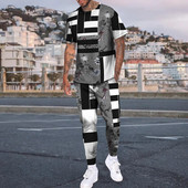 Pantaloni de tricou cu mânecă scurtă imprimați 3D de epocă Seturi de 2 bucăți, respirabili, Tricouri sport Joogers Harajuku Trening pentru bărbați