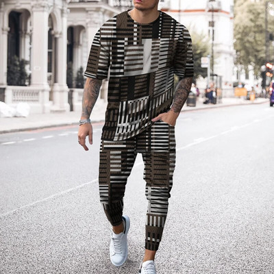 Pantaloni de tricou cu mânecă scurtă imprimați 3D de epocă Seturi de 2 bucăți, respirabili, Tricouri sport Joogers Harajuku Trening pentru bărbați