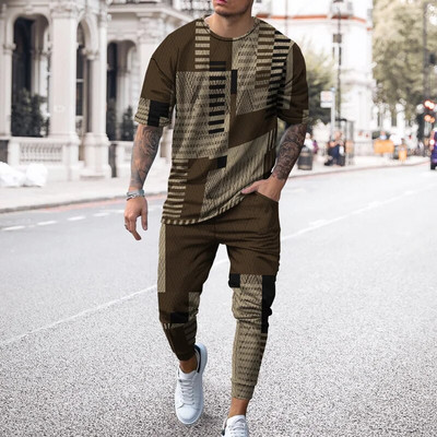 Pantaloni de tricou cu mânecă scurtă imprimați 3D de epocă Seturi de 2 bucăți, respirabili, Tricouri sport Joogers Harajuku Trening pentru bărbați