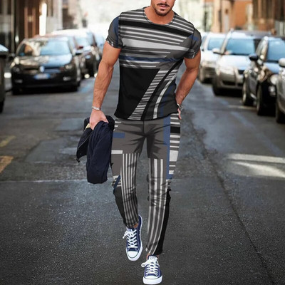 Pantaloni de tricou cu mânecă scurtă imprimați 3D de epocă Seturi de 2 bucăți, respirabili, Tricouri sport Joogers Harajuku Trening pentru bărbați