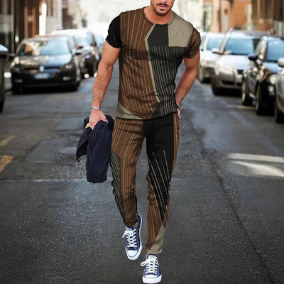Pantaloni de tricou cu mânecă scurtă imprimați 3D de epocă Seturi de 2 bucăți, respirabili, Tricouri sport Joogers Harajuku Trening pentru bărbați
