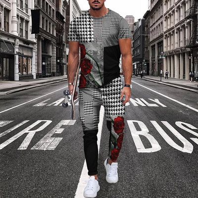 Pantaloni de tricou cu mânecă scurtă imprimați 3D de epocă Seturi de 2 bucăți, respirabili, Tricouri sport Joogers Harajuku Trening pentru bărbați