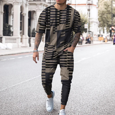 Pantaloni de tricou cu mânecă scurtă imprimați 3D de epocă Seturi de 2 bucăți, respirabili, Tricouri sport Joogers Harajuku Trening pentru bărbați