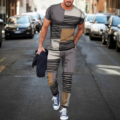 Pantaloni de tricou cu mânecă scurtă imprimați 3D de epocă Seturi de 2 bucăți, respirabili, Tricouri sport Joogers Harajuku Trening pentru bărbați