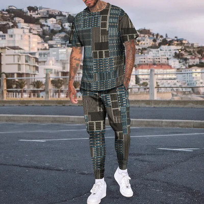 Pantaloni de tricou cu mânecă scurtă imprimați 3D de epocă Seturi de 2 bucăți, respirabili, Tricouri sport Joogers Harajuku Trening pentru bărbați