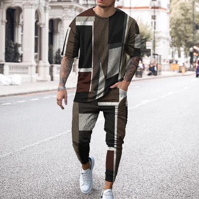 Pantaloni de tricou cu mânecă scurtă imprimați 3D de epocă Seturi de 2 bucăți, respirabili, Tricouri sport Joogers Harajuku Trening pentru bărbați