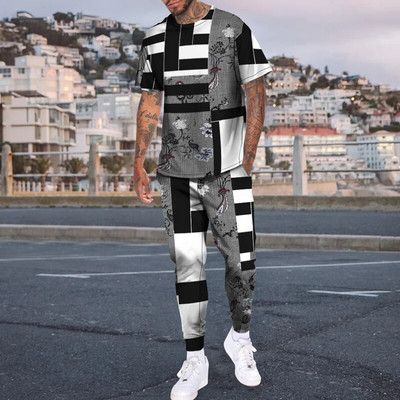 Pantaloni de tricou cu mânecă scurtă imprimați 3D de epocă Seturi de 2 bucăți, respirabili, Tricouri sport Joogers Harajuku Trening pentru bărbați