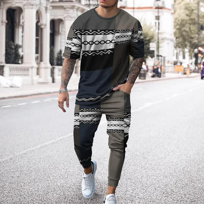 Pantaloni de tricou cu mânecă scurtă imprimați 3D de epocă Seturi de 2 bucăți, respirabili, Tricouri sport Joogers Harajuku Trening pentru bărbați