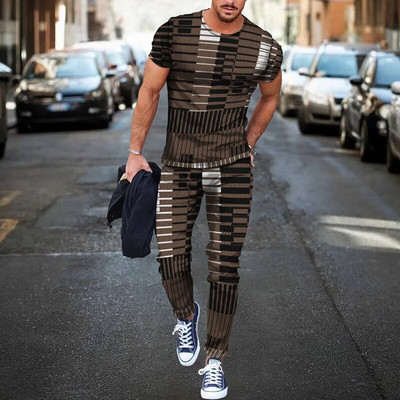 Pantaloni de tricou cu mânecă scurtă imprimați 3D de epocă Seturi de 2 bucăți, respirabili, Tricouri sport Joogers Harajuku Trening pentru bărbați