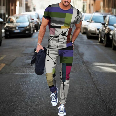Pantaloni de tricou cu mânecă scurtă imprimați 3D de epocă Seturi de 2 bucăți, respirabili, Tricouri sport Joogers Harajuku Trening pentru bărbați