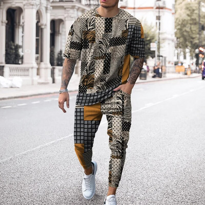 Pantaloni de tricou cu mânecă scurtă imprimați 3D de epocă Seturi de 2 bucăți, respirabili, Tricouri sport Joogers Harajuku Trening pentru bărbați