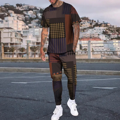 Pantaloni de tricou cu mânecă scurtă imprimați 3D de epocă Seturi de 2 bucăți, respirabili, Tricouri sport Joogers Harajuku Trening pentru bărbați
