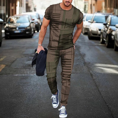 Pantaloni de tricou cu mânecă scurtă imprimați 3D de epocă Seturi de 2 bucăți, respirabili, Tricouri sport Joogers Harajuku Trening pentru bărbați