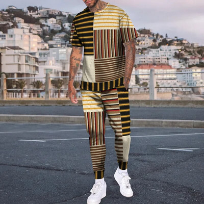 Pantaloni de tricou cu mânecă scurtă imprimați 3D de epocă Seturi de 2 bucăți, respirabili, Tricouri sport Joogers Harajuku Trening pentru bărbați