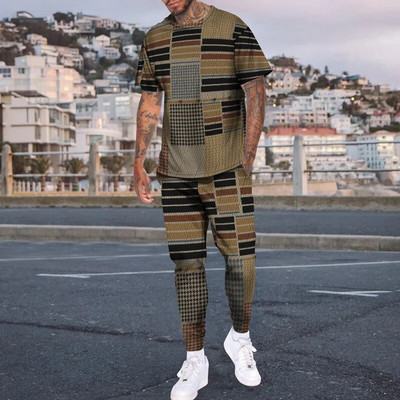 Pantaloni de tricou cu mânecă scurtă imprimați 3D de epocă Seturi de 2 bucăți, respirabili, Tricouri sport Joogers Harajuku Trening pentru bărbați
