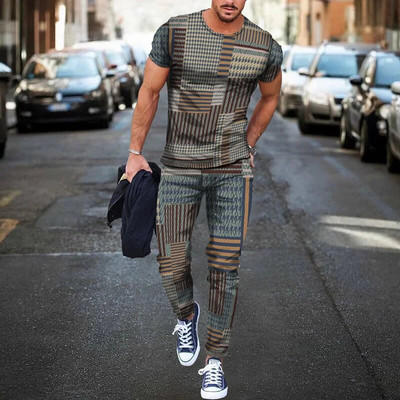 Pantaloni de tricou cu mânecă scurtă imprimați 3D de epocă Seturi de 2 bucăți, respirabili, Tricouri sport Joogers Harajuku Trening pentru bărbați