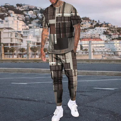 Pantaloni de tricou cu mânecă scurtă imprimați 3D de epocă Seturi de 2 bucăți, respirabili, Tricouri sport Joogers Harajuku Trening pentru bărbați