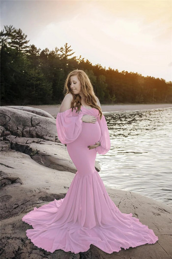 Φόρεμα έγκυων γυναικών Σέξι φορέματα εγκυμοσύνης χωρίς ώμους Φόρεμα γοργόνας για φωτογράφηση βολάν