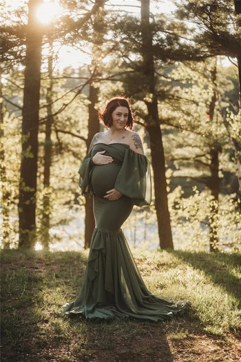 Рокля за бременни жени Секси рокли за бременни без рамене Фотосесия с волани Макси рокля за бременност Подпори за фотография Рокля русалка