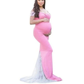 Рокли за бременни за фотосесия Разтеглива розова памучна рокля без рамене за бременни, дълга рокля, трико, дрехи за бременни големи размери