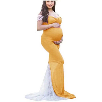 Рокли за бременни за фотосесия Разтеглива розова памучна рокля без рамене за бременни, дълга рокля, трико, дрехи за бременни големи размери