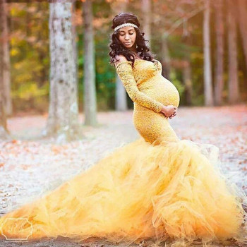 Φορέματα εγκυμοσύνης με μακριά μανίκια για φωτογραφική λήψη σέξι με δαντέλα ώμου Φορέματα μάξι φόρεμα εγκυμοσύνης Έγκυες γυναίκες Photography Prop