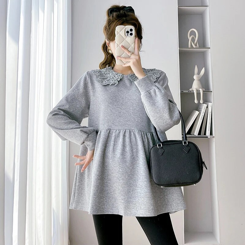 2024 m. pavasario Nauji nėščios moters marškinėliai ilgomis rankovėmis, saldūs nėriniuoti Peter Pan apykaklės ilgomis rankovėmis, palaidinės nėščioms moterims