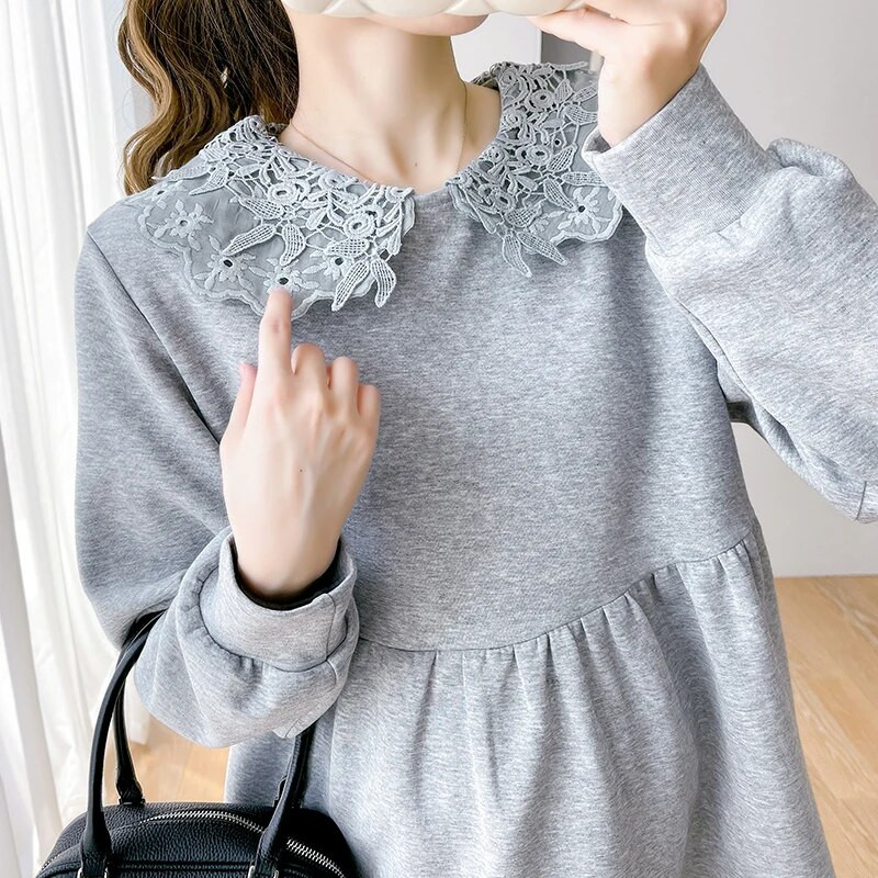 2024 m. pavasario Nauji nėščios moters marškinėliai ilgomis rankovėmis, saldūs nėriniuoti Peter Pan apykaklės ilgomis rankovėmis, palaidinės nėščioms moterims