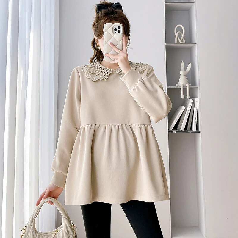 2024 m. pavasario Nauji nėščios moters marškinėliai ilgomis rankovėmis, saldūs nėriniuoti Peter Pan apykaklės ilgomis rankovėmis, palaidinės nėščioms moterims