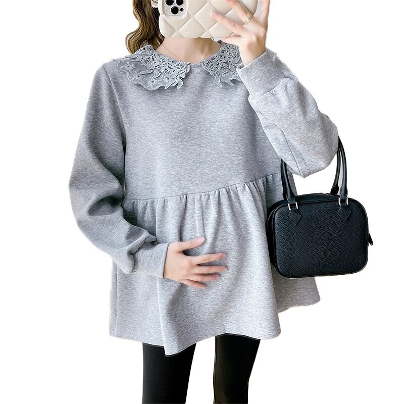 2024 m. pavasario Nauji nėščios moters marškinėliai ilgomis rankovėmis, saldūs nėriniuoti Peter Pan apykaklės ilgomis rankovėmis, palaidinės nėščioms moterims