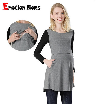Emotion Moms Nursing Top Бързащи горнища Памучна пружина Дълги дрехи за бременни за бременни жени Тениска за бременни