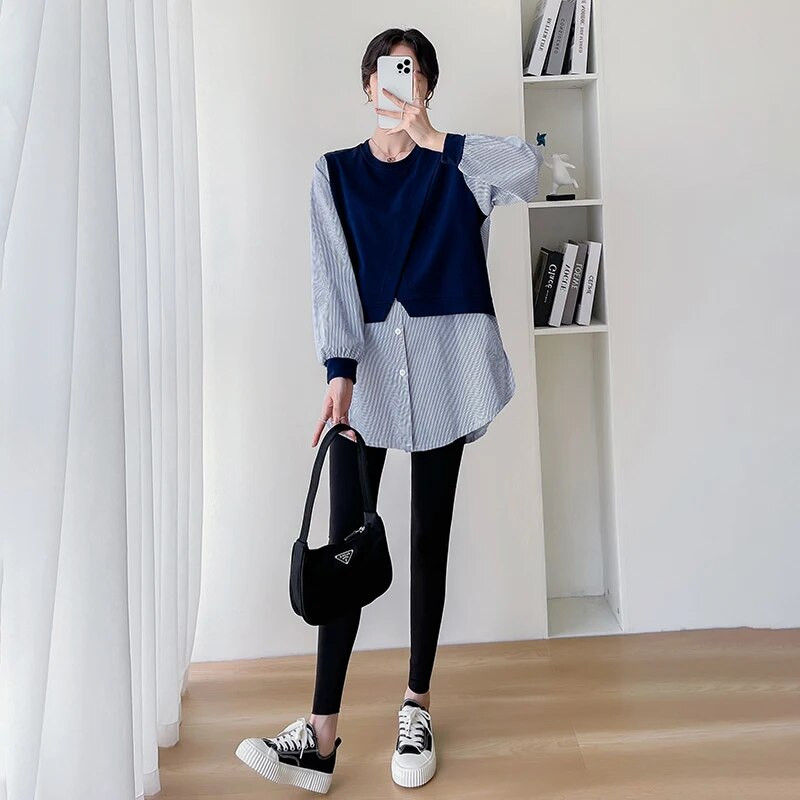 Rudens pavasario mados dryžuoti kratiniai Nėščioms palaidinės Laisvi madingi marškiniai Drabužiai nėščiosioms Nėštumo palaidinės