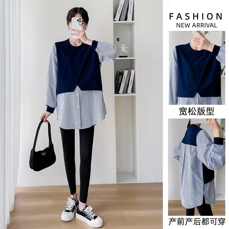 Rudens pavasario mados dryžuoti kratiniai Nėščioms palaidinės Laisvi madingi marškiniai Drabužiai nėščiosioms Nėštumo palaidinės