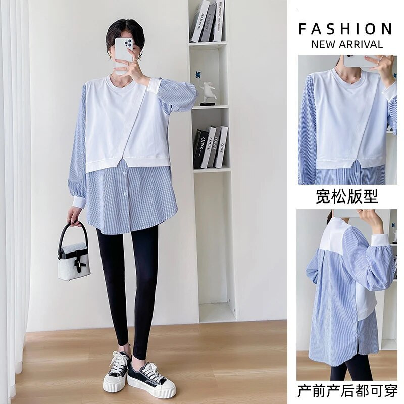 Rudens pavasario mados dryžuoti kratiniai Nėščioms palaidinės Laisvi madingi marškiniai Drabužiai nėščiosioms Nėštumo palaidinės