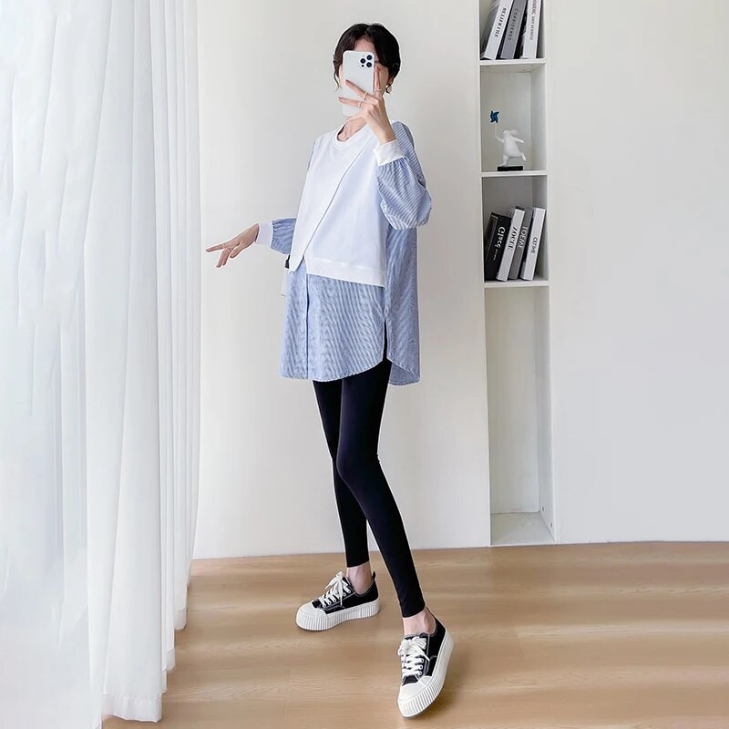 Rudens pavasario mados dryžuoti kratiniai Nėščioms palaidinės Laisvi madingi marškiniai Drabužiai nėščiosioms Nėštumo palaidinės