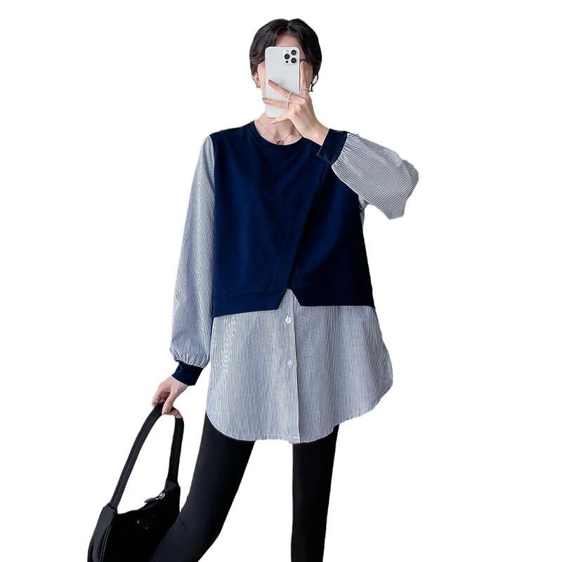 Rudens pavasario mados dryžuoti kratiniai Nėščioms palaidinės Laisvi madingi marškiniai Drabužiai nėščiosioms Nėštumo palaidinės