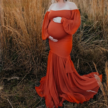 Φόρεμα εγκυμοσύνης για φωτογράφιση Σέξι γυναίκες με μακρυμάνικο σιφόν ώμου Γοργόνα μάξι φόρεμα εγκυμοσύνης Φόρεμα φωτογραφίας στηρίγματα